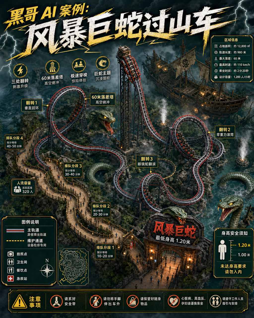 等距主题乐园游乐项目地图，钢灰过山车轨道、三个翻转、海盗道具与动画蛇头