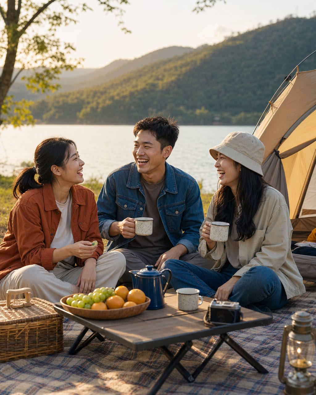 三人好友生活方式照：咖啡馆、公园或客厅抓拍，呈现自然社交氛围。