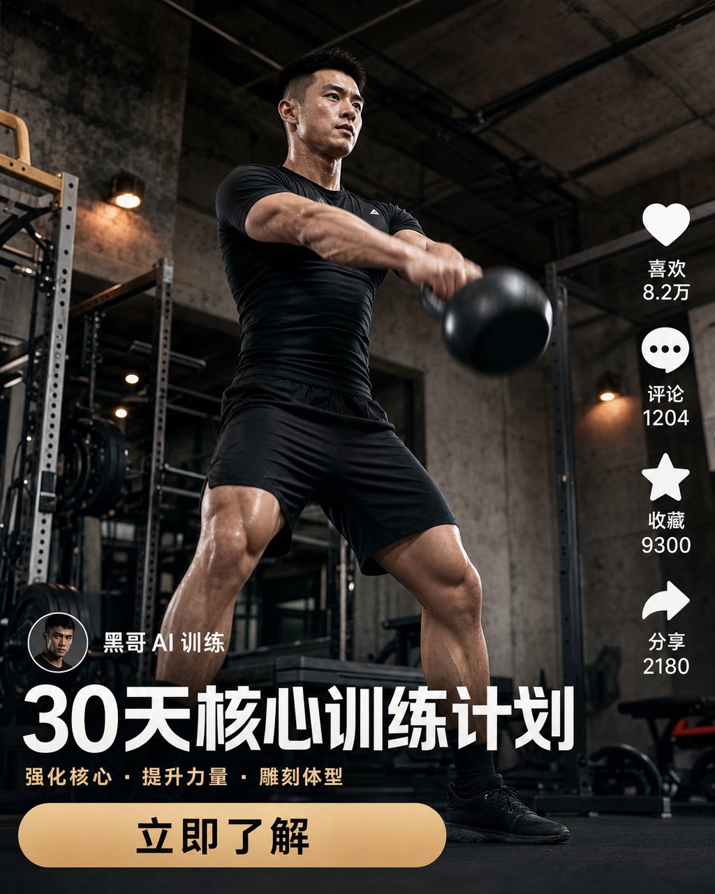 IronNest 哑铃 TikTok 竖屏静态广告，低角度灰色垫面棚拍，戏剧性打光，橙色 CTA 按钮