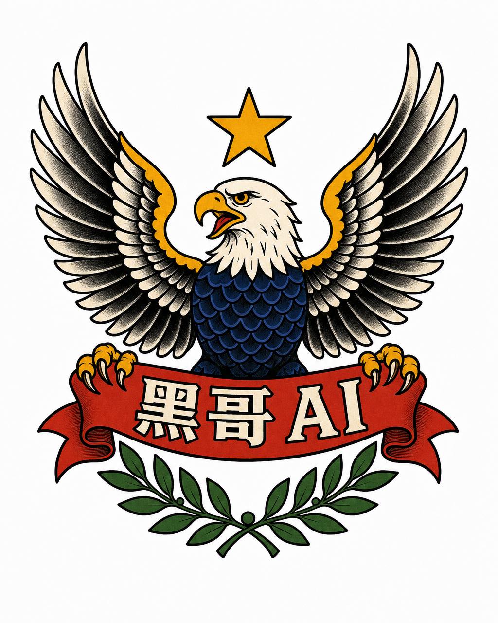 美式老派传统鹰 tattoo flash，带 LIBERTY 横幅，红黄藏青绿配色，孤立白底。