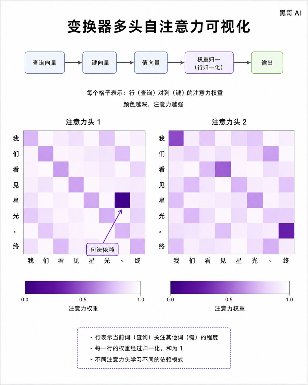 Transformer 双头注意力热图，8×8 token 方格，紫色深度编码，语法依存箭头标注，上方 Q/K/V 方块简图