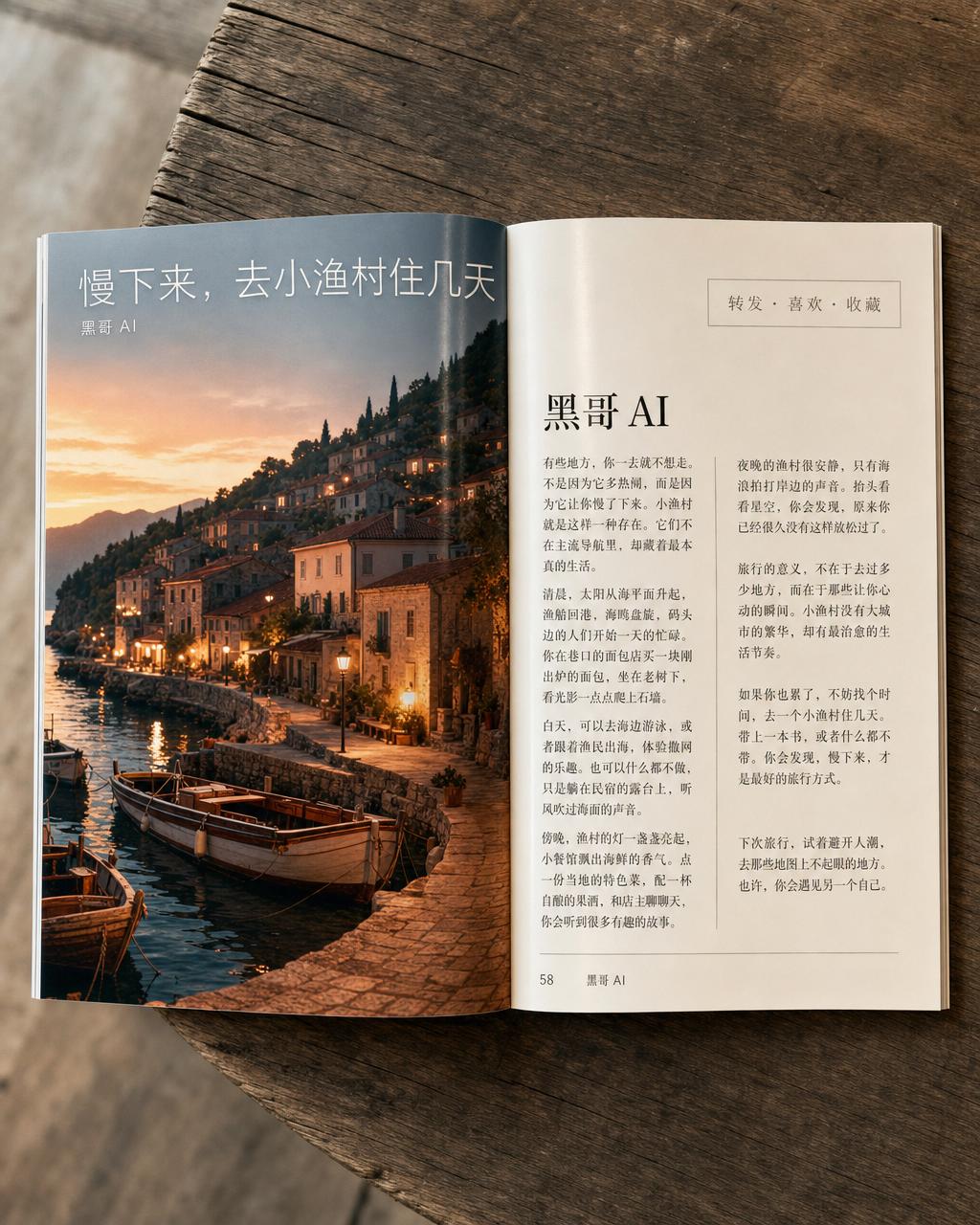 摊开旅行杂志跨页，左页满版渔村黄昏照片配标题 'Where the tide writes letters'，右页三栏衬线正文带首字下沉。