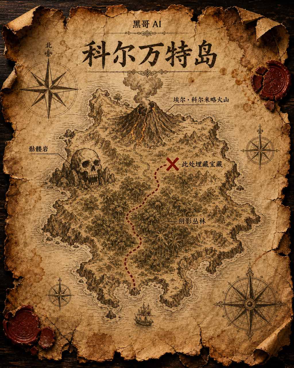 藏宝岛羊皮纸地图，边缘焦损，虚线路径通向X，附古西班牙语注记