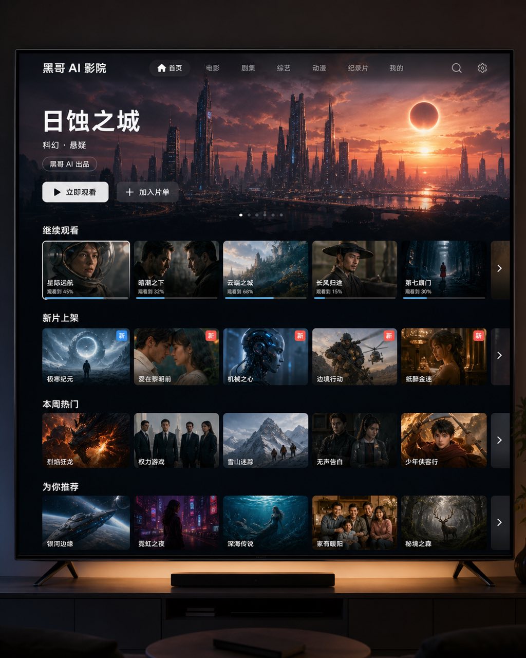 暗色流媒体电视主屏，'ECLIPSE CITY' 英雄横幅，横向内容行，'LUMIS' 品牌标识。