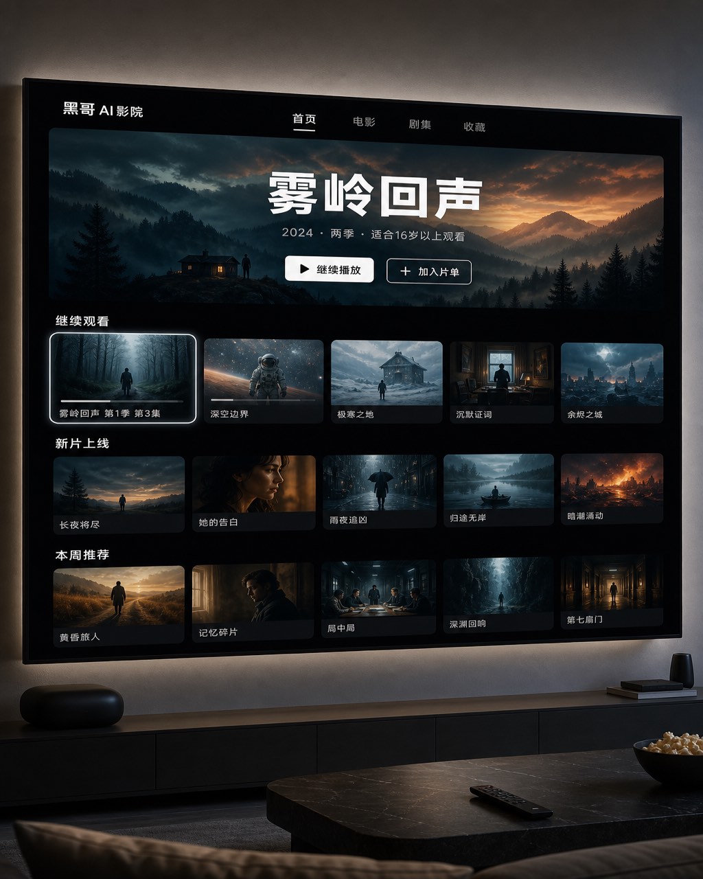 65 英寸 OLED 电视展示深色流媒体 UI，电影感英雄图，标题叠加，三行横向内容卡片。