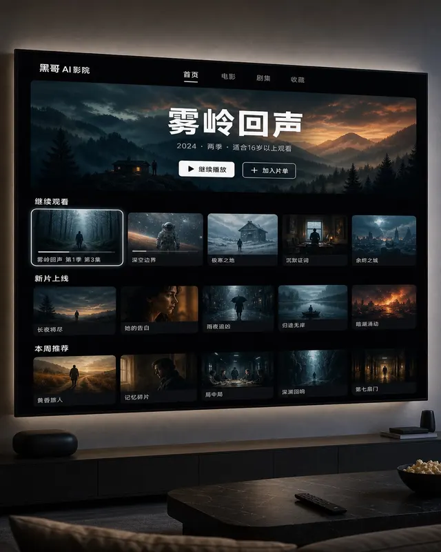 65 英寸 OLED 电视展示深色流媒体 UI,电影感英雄图,标题叠加,三行横向内容卡片。