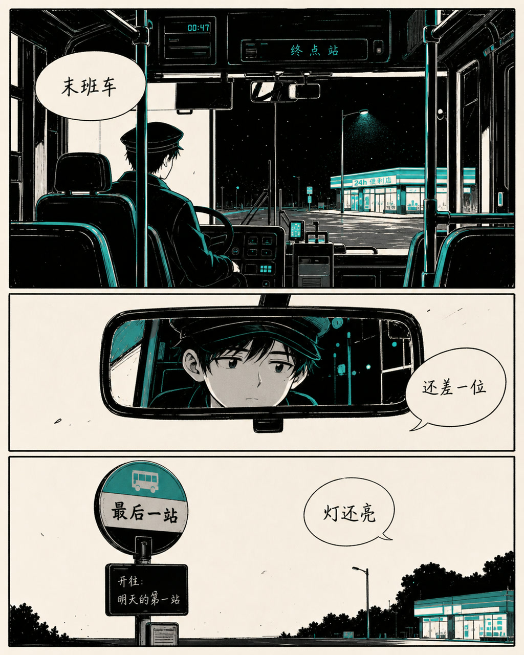 二色独立漫画夜班车，原创漫画风格样本，包含清晰漫画版式、角色动作和可见中文标题。