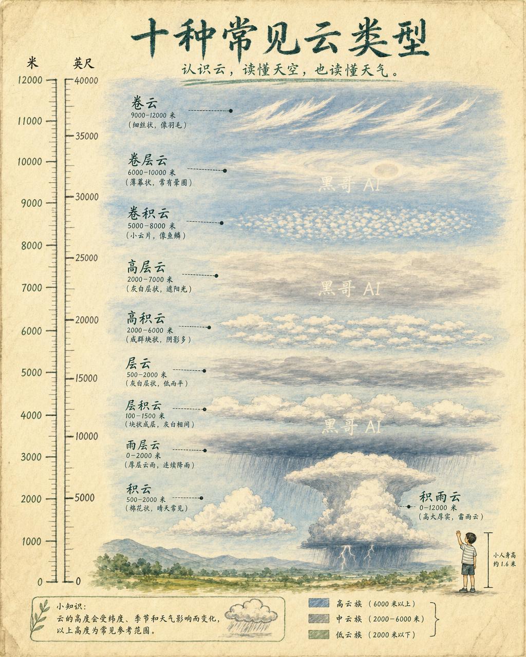 水粉云类型图表，十种云按正确高度排列于米/英尺纵轴上。