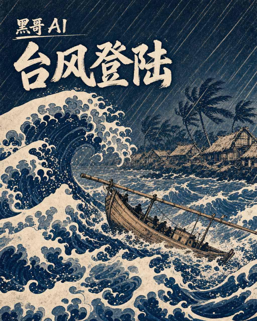 浮世绘风格台风编辑插图：程式化波浪以普鲁士蓝与白色构成，斜线豪雨，渔村背景。