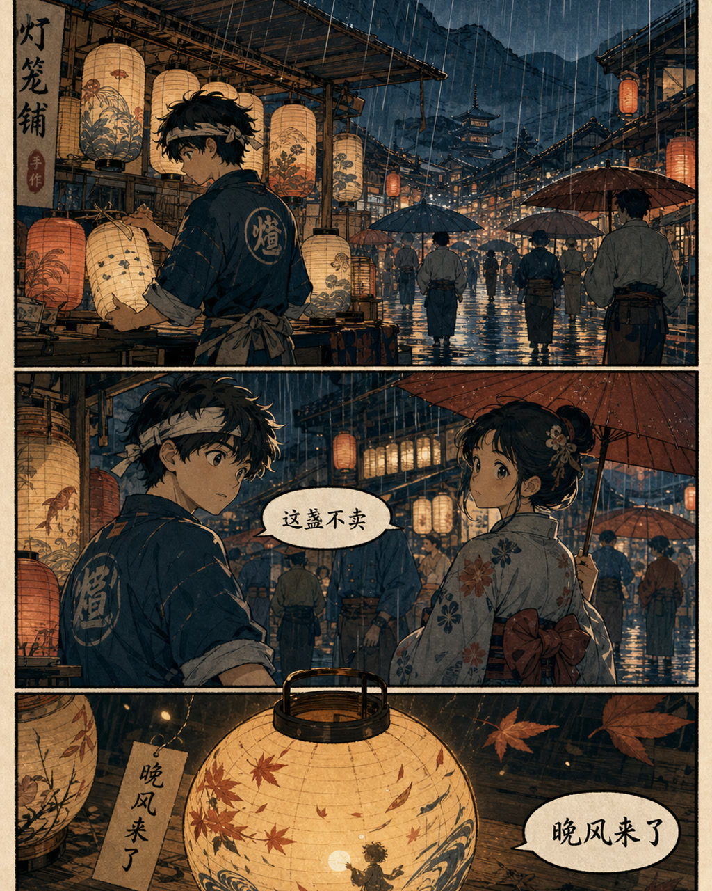 浮世绘感雨市漫画，原创漫画风格样本，包含清晰漫画版式、角色动作和可见中文标题。