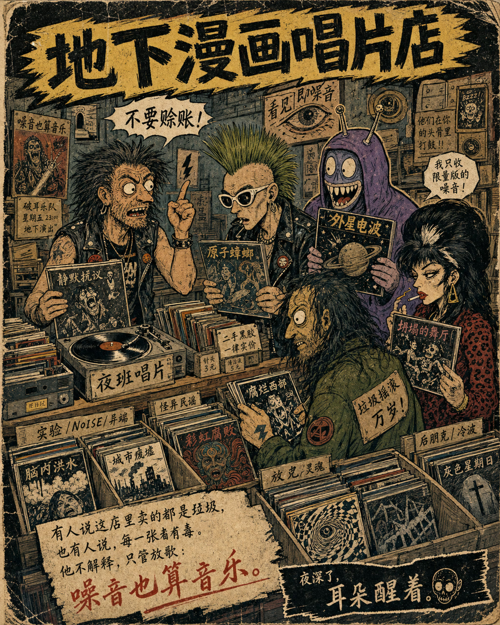 地下漫画唱片店，原创漫画风格样本，包含清晰漫画版式、角色动作和可见中文标题。