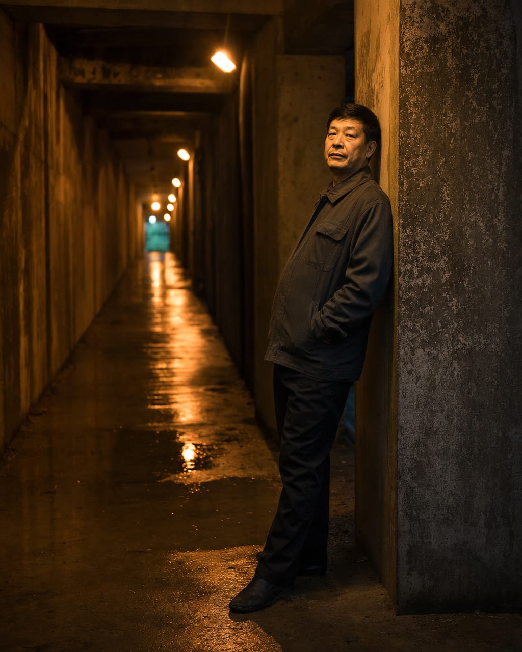 地下通道钠灯人像：一位夜归的人站在地下通道出口处，外套拉链拉到胸口，手插口袋，城市地下通道，墙面有潮湿反光和重复灯管，但不要出现可读涂鸦文字。