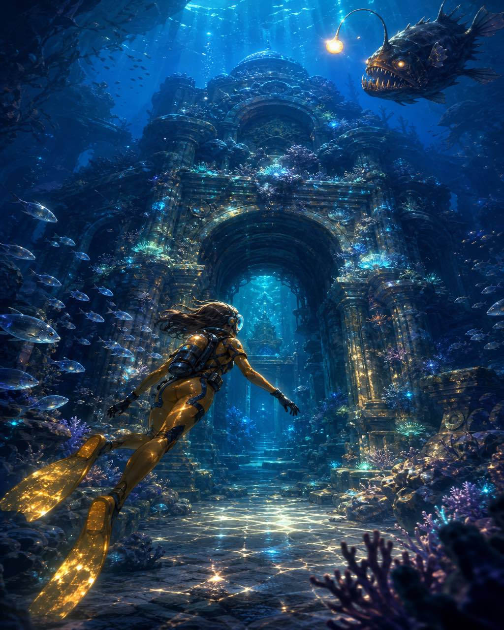 发光动漫宽幅水下镜头，琥珀潜水服少女游过生物发光珊瑚古庙拱门，半透明鱼群散开，深海蓝色薄雾。