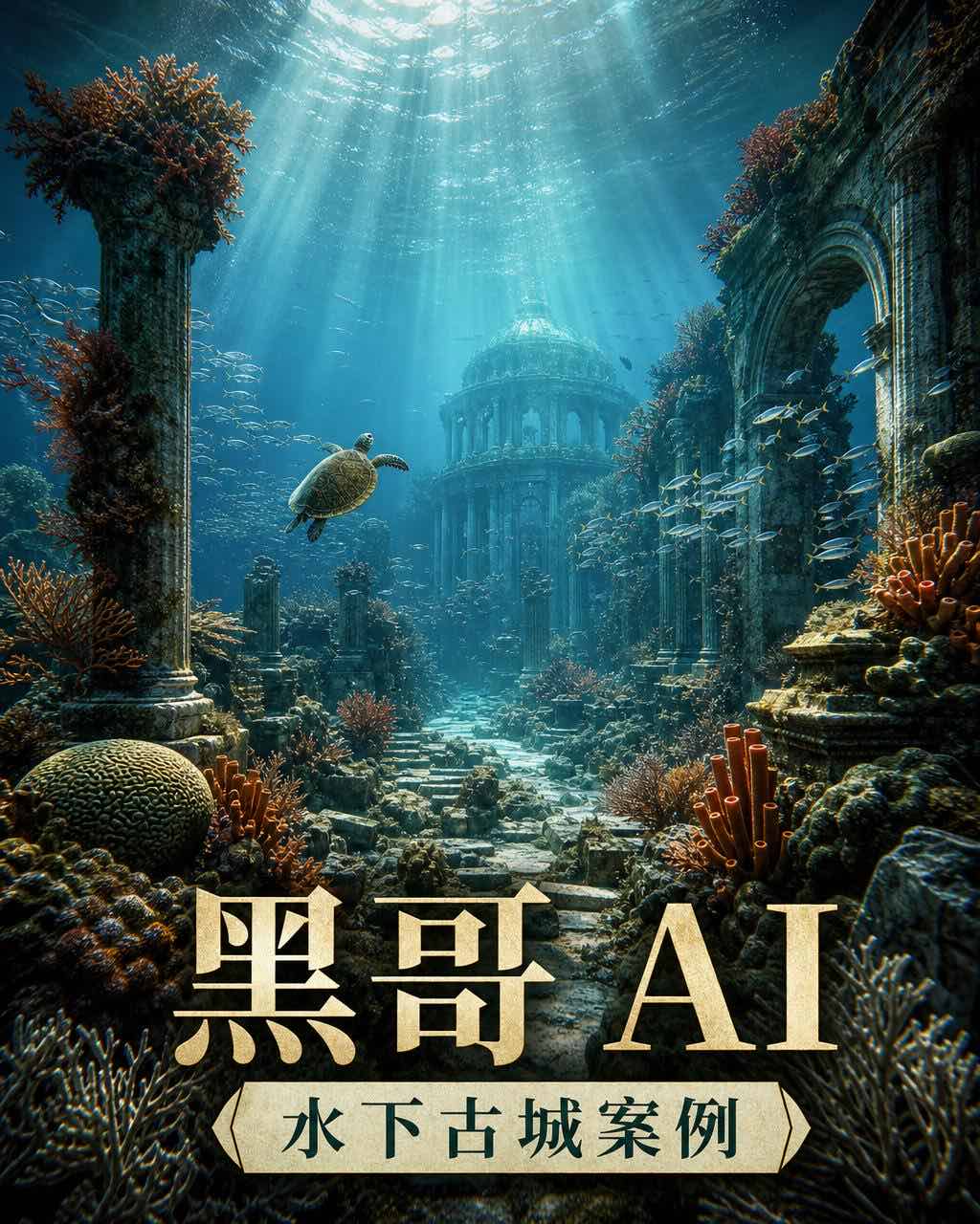 水下古城沉没遗迹，珊瑚覆盖石柱与拱门，青绿色耶稣光穿透水面，银色鱼群与海龟点缀，深蔚蓝珊瑚橙色调。