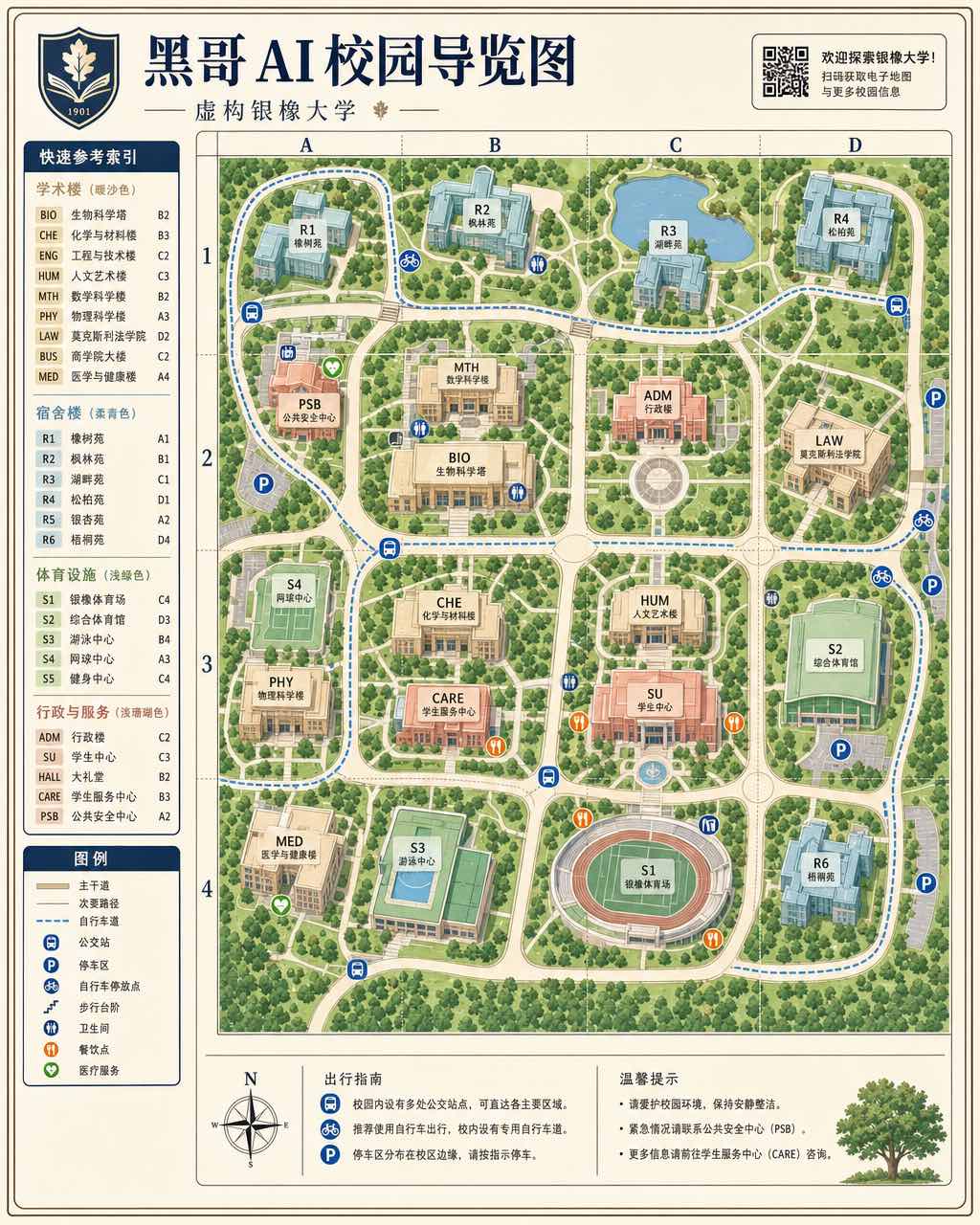 现代大学校园地图，色码建筑区、标注楼栋、自行车道与索引格栅