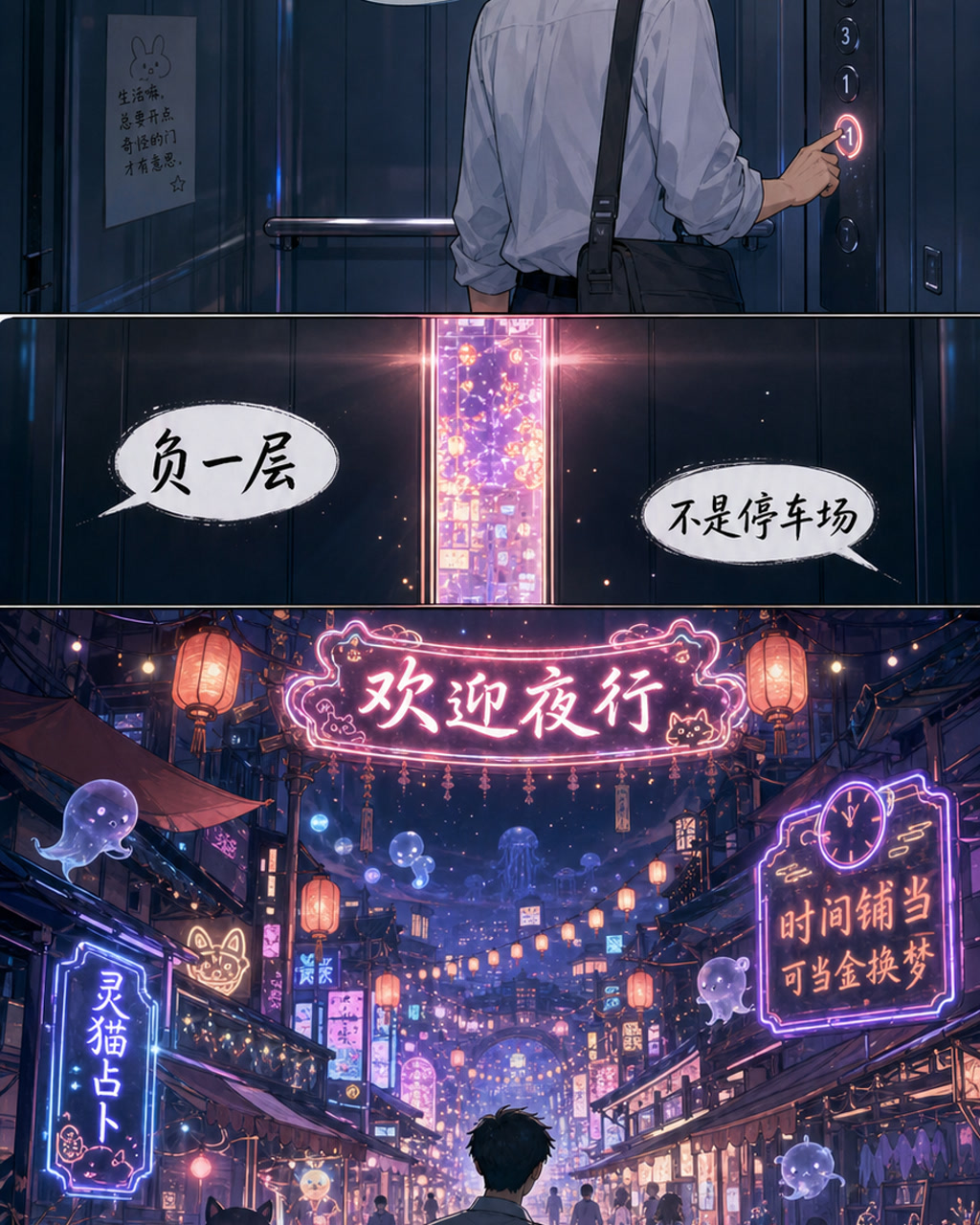 都市奇幻电梯条漫，原创漫画风格样本，包含清晰漫画版式、角色动作和可见中文标题。