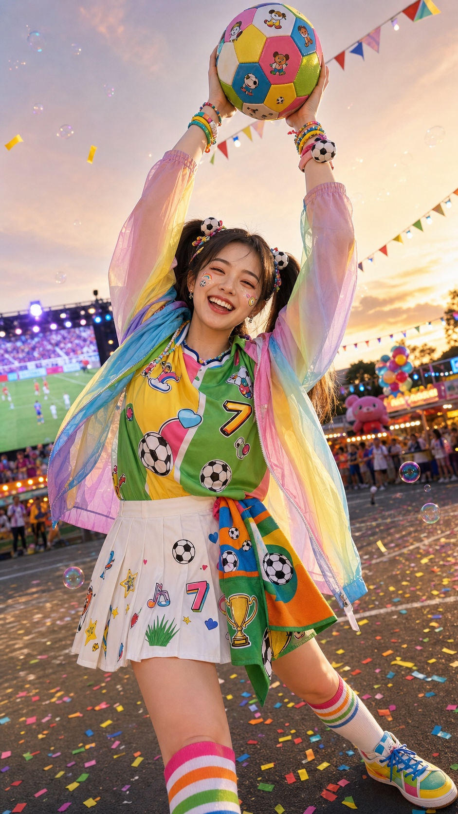 A joyful young East Asian woman in a rainbow football outfit lifts a colorful ball above her head at a golden-hour fan carnival.