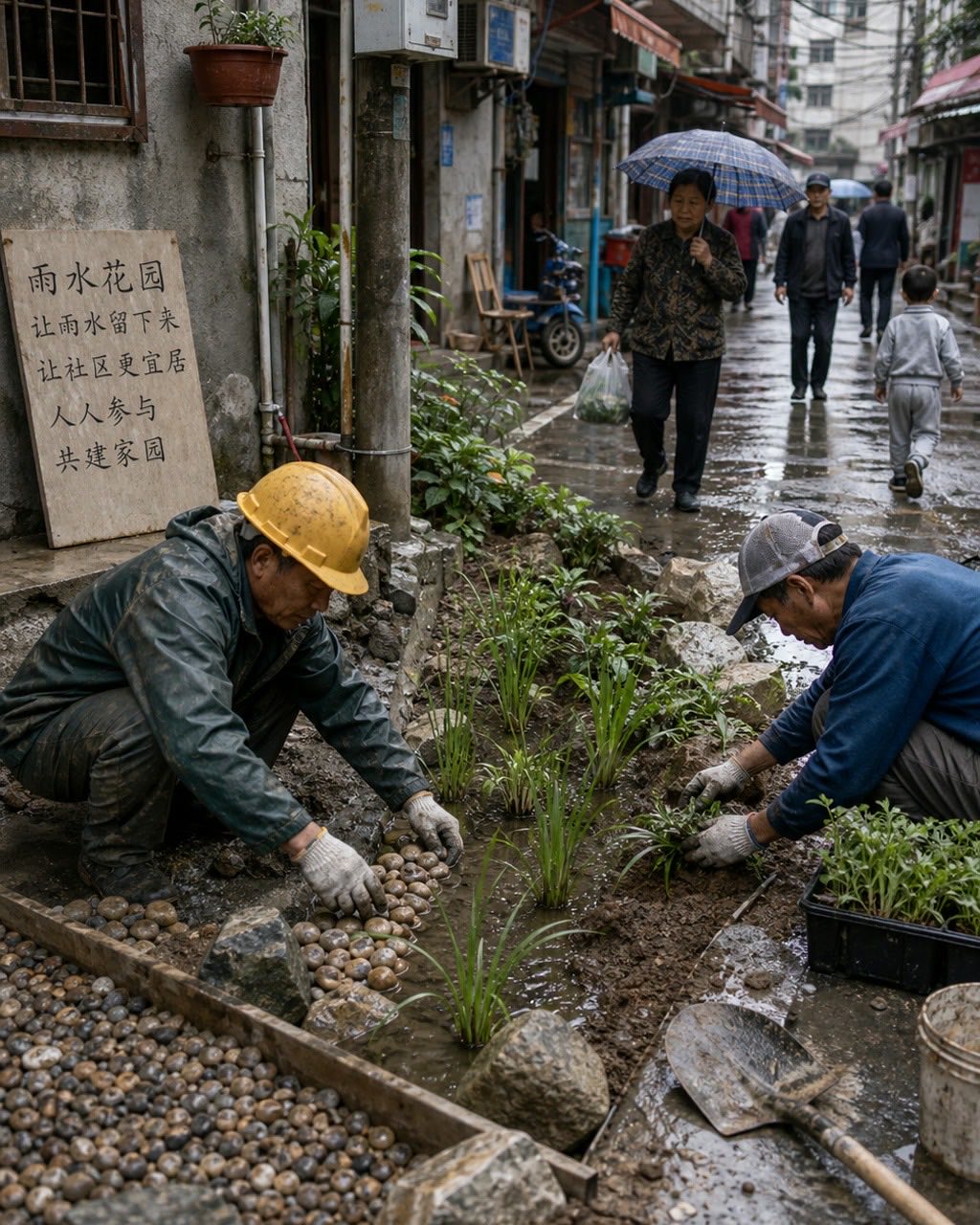 城中村雨水花园施工案例图，城中村巷口雨水花园施工现场，工人铺设石子和植物，居民从旁边经过，湿润地面与生活气息。
