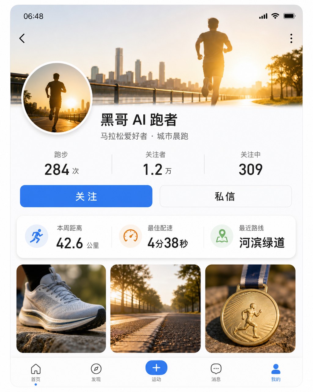 深色 iPhone 社交健身用户主页，渐变封面、统计数据块、珊瑚色关注按钮和跑步记录卡片流。