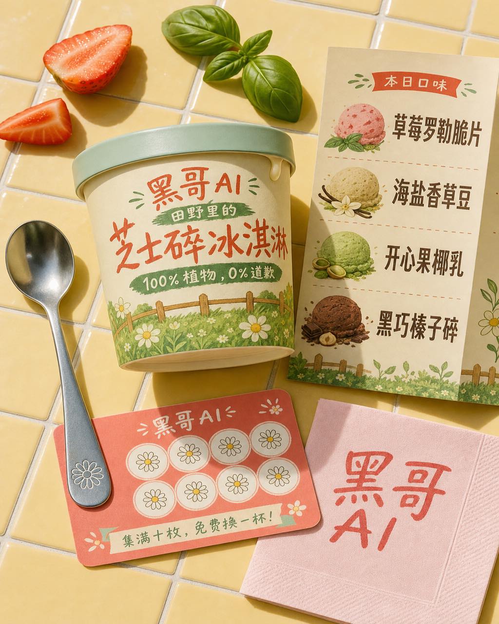 奶黄瓷砖平铺：蜡纸杯、烫印勺、珊瑚集点卡、纸菜单与粉餐巾。