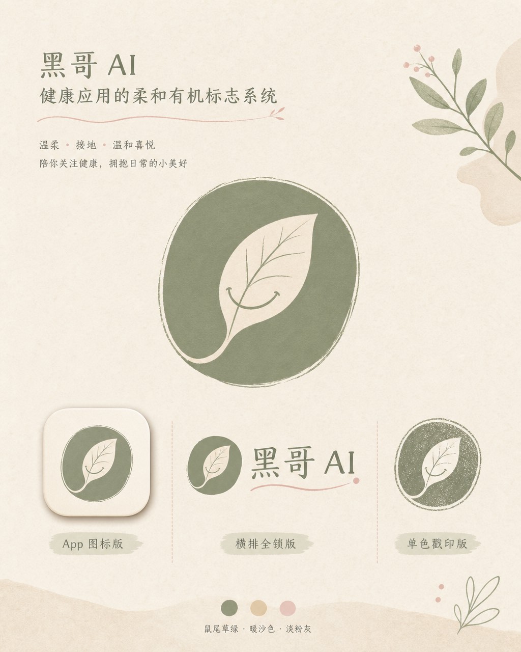 Verdana 健康应用标志，鼠尾草绿与暖沙色手绘卵形叶子图标，展示 iOS 图标、横排和单色戳印版。