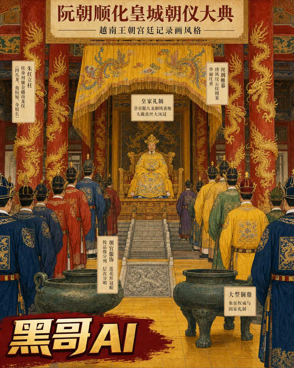 越南阮朝朝仪大典，皇帝着黄袍龙冠，朝官莲冠列队，金龙纹朱红立柱。