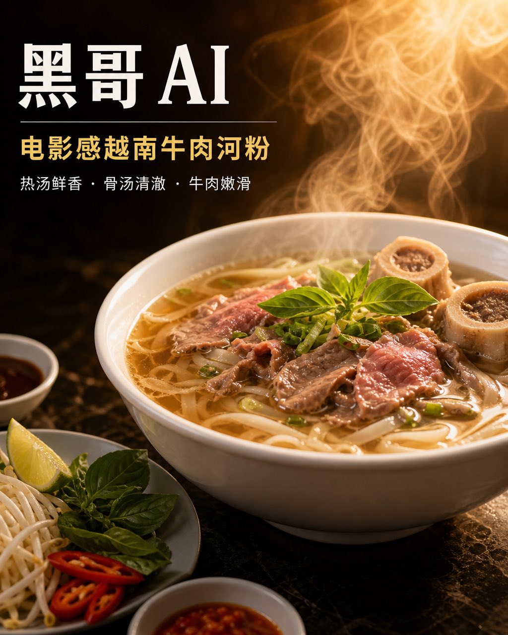 低角度越南河粉碗近景，琥珀骨汤、嫩牛腩，暖金逆光照亮蒸汽丝。