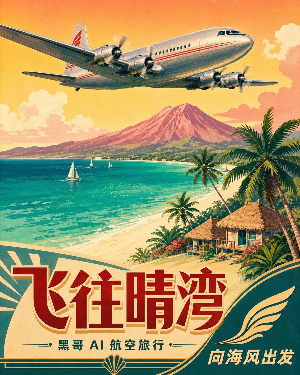中世纪航空海报：四螺旋桨客机飞越热带海湾，标题 "ESCAPE TO PUERTO HALCYON"。