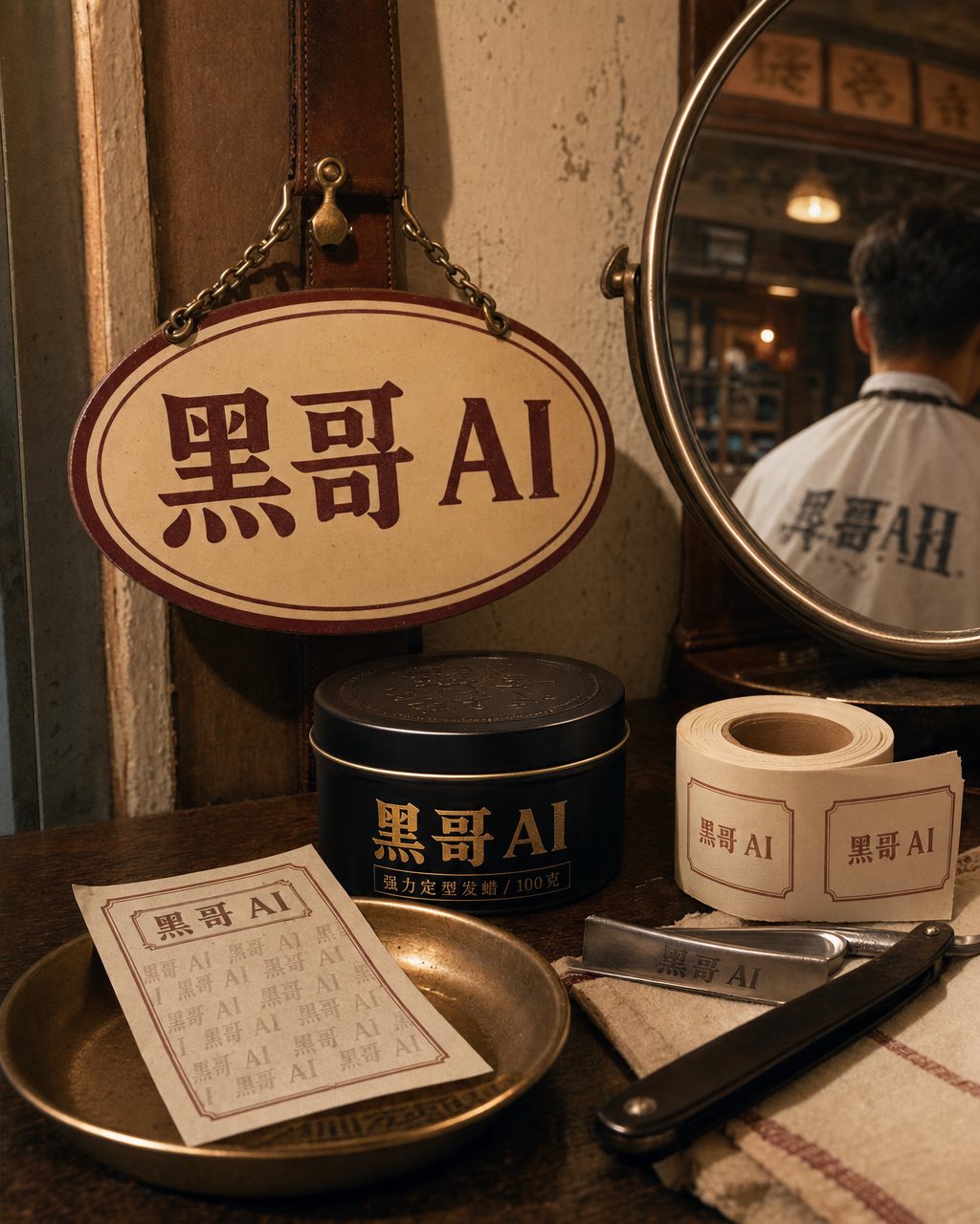 复古理发柜台：搪瓷招牌、发蜡铁罐、纸围条与铜碟，钨丝暖光。
