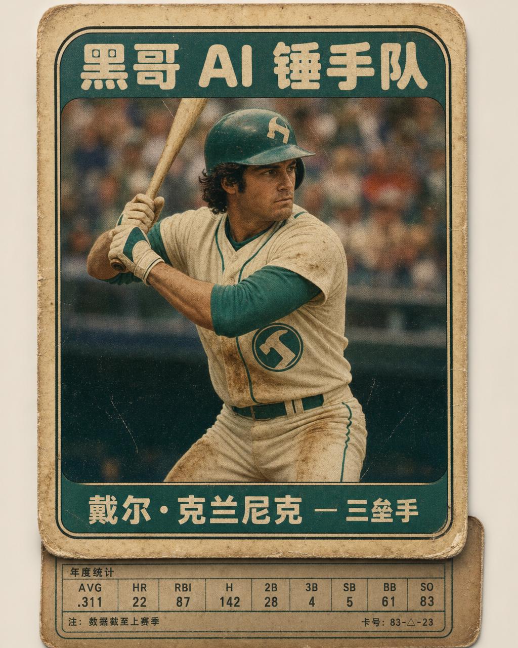 泛黄哑光1980年代风格棒球卡，虚构球员 Dale Crannick 身着青绿色米尔布鲁克锤手队球衣，带有年代准确的统计数据和胶片颗粒感。
