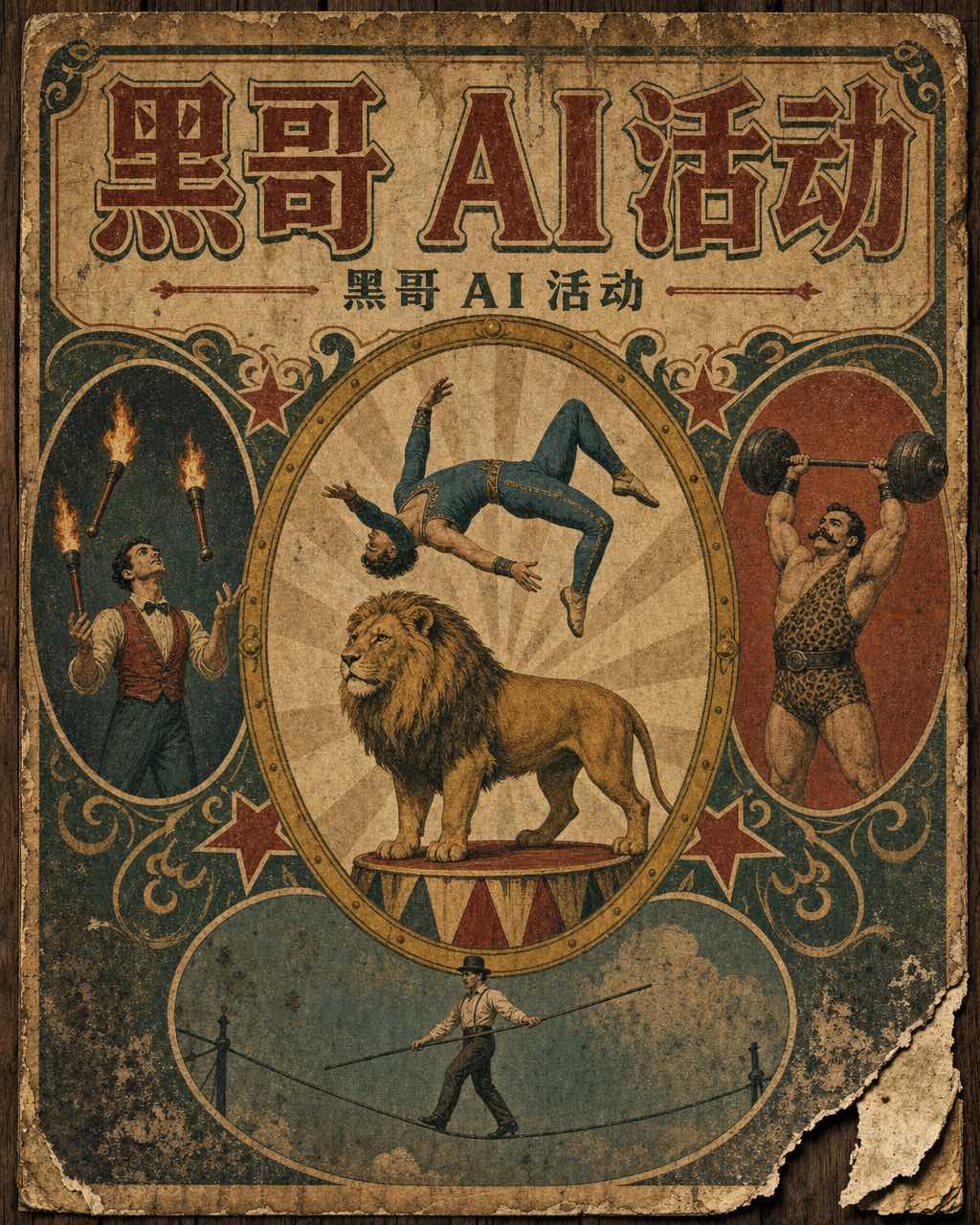 陈旧的 1910 年代马戏团海报：金色奖章中空中飞人立于狮子之上，周围环绕小节目图。