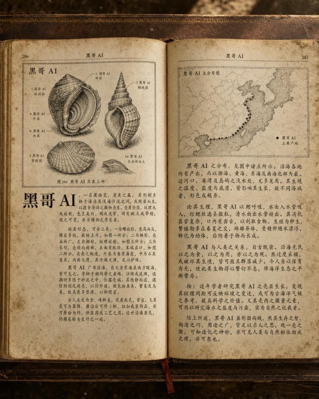泛黄百科跨页：左页三种贝壳铜版剖面插图，右页词条续写带点画分布地图，页眉 'VOLUME XII — MOLLUSCA — 437'。