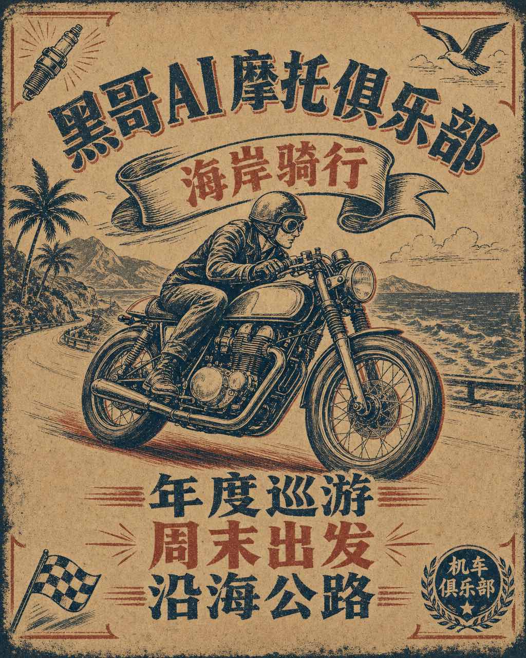 牛皮米复古海报：砖红手绘咖啡赛车，弧形凸版标题 summer 1966 eternal，俱乐部绶带。