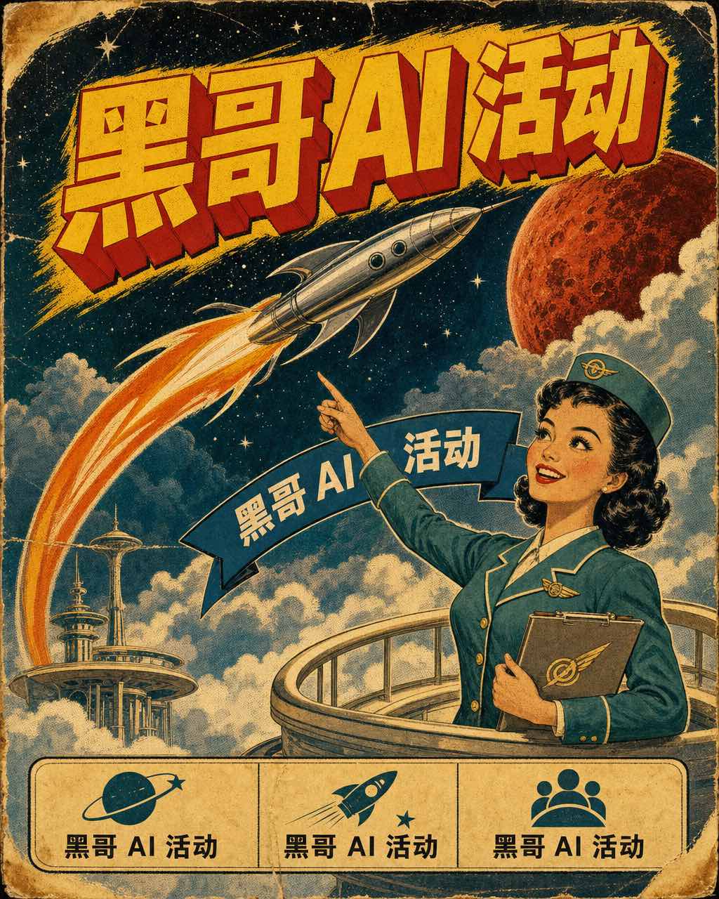 Pulp 科幻竖版海报：尾翼火箭弧射火星，前景青绿制服空乘，黄色大字 MARS COURIER 与蓝色绶带。