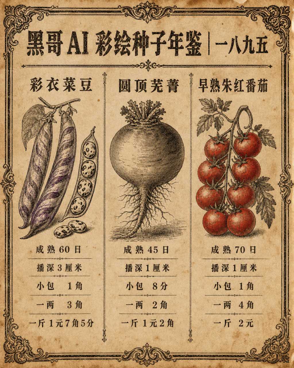 1895年维多利亚复古种子目录页，铜版雕刻蔬菜插图，华丽花边，活版三栏字体，泛黄报纸质感。
