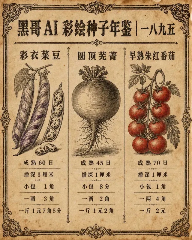 1895年维多利亚复古种子目录页,铜版雕刻蔬菜插图,华丽花边,活版三栏字体,泛黄报纸质感。