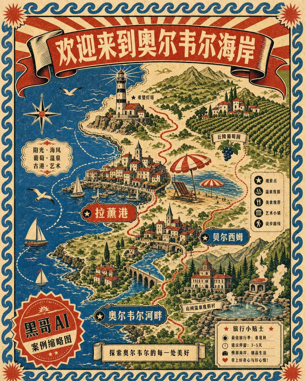 1950年代石版印刷旅游地图，景点插图、平板衬线城镇名与欢迎横幅