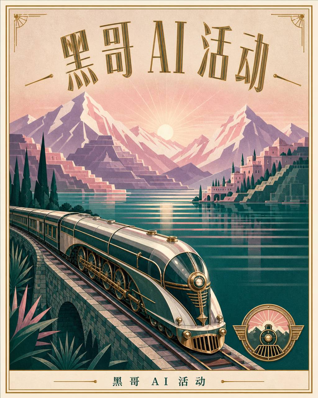 装饰艺术风铁路旅行海报，流线型机车沿石堤弯行，翡翠湖与日出粉色山峦，标题 LAKE AURELIA。
