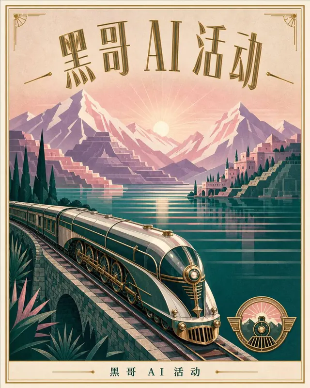 装饰艺术风铁路旅行海报,流线型机车沿石堤弯行,翡翠湖与日出粉色山峦,标题 LAKE AURELIA。