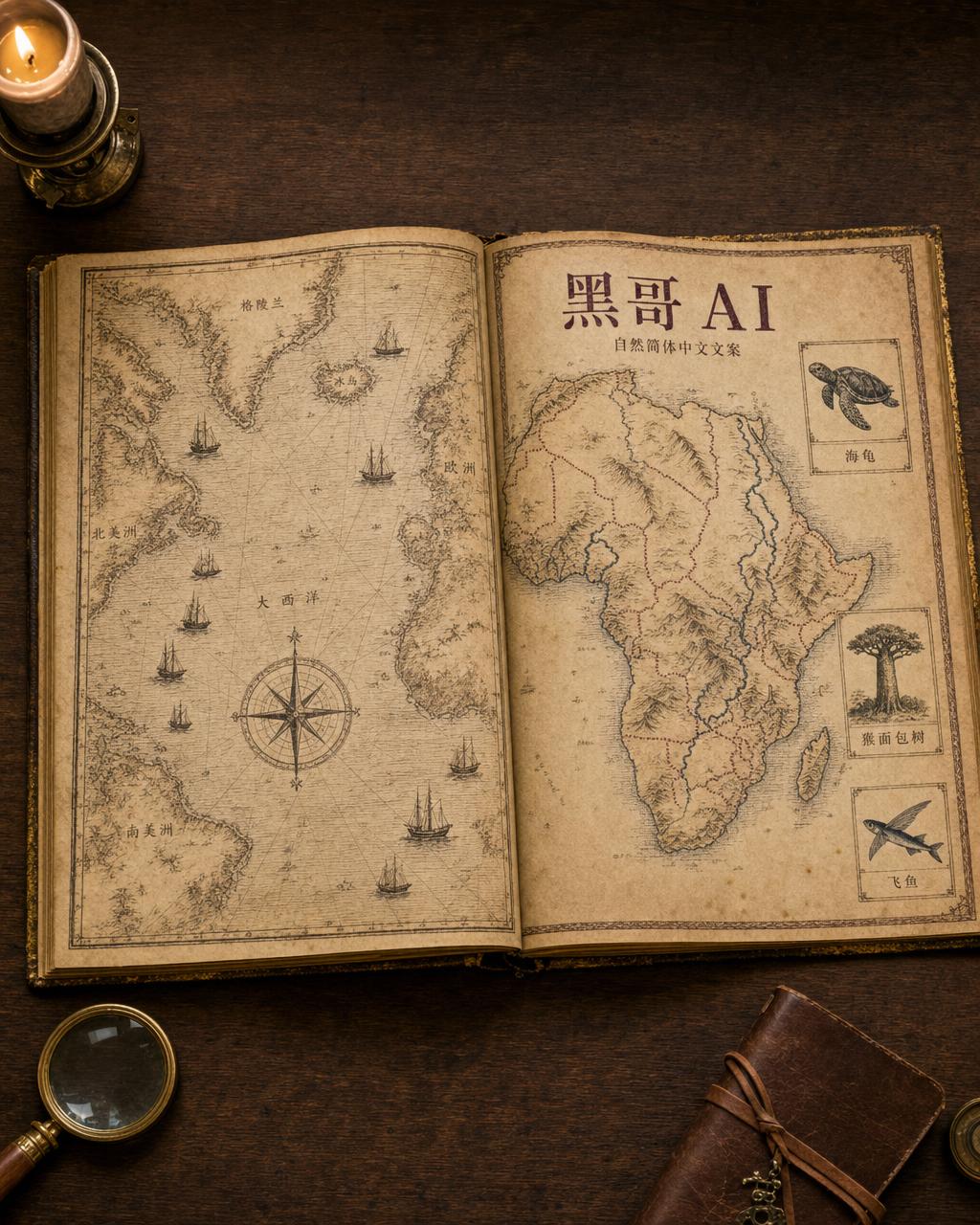 胡桃木桌上翻开的复古地图册，左页北大西洋雕版图，右页非洲，配铜放大镜和蜡烛。