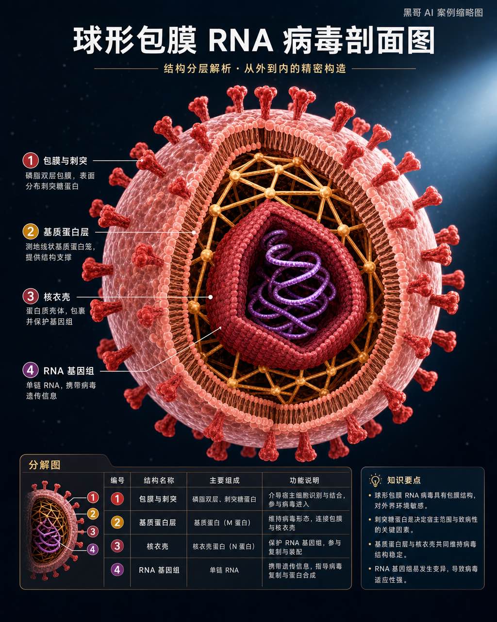 等距 3D 剖面病毒图：珊瑚粉包膜、红色刺突、金色基质层、酒红核衣壳，深海军蓝背景。