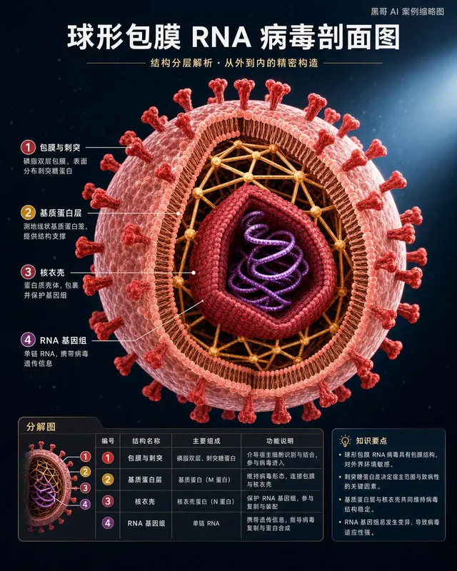 等距 3D 剖面病毒图:珊瑚粉包膜、红色刺突、金色基质层、酒红核衣壳,深海军蓝背景。