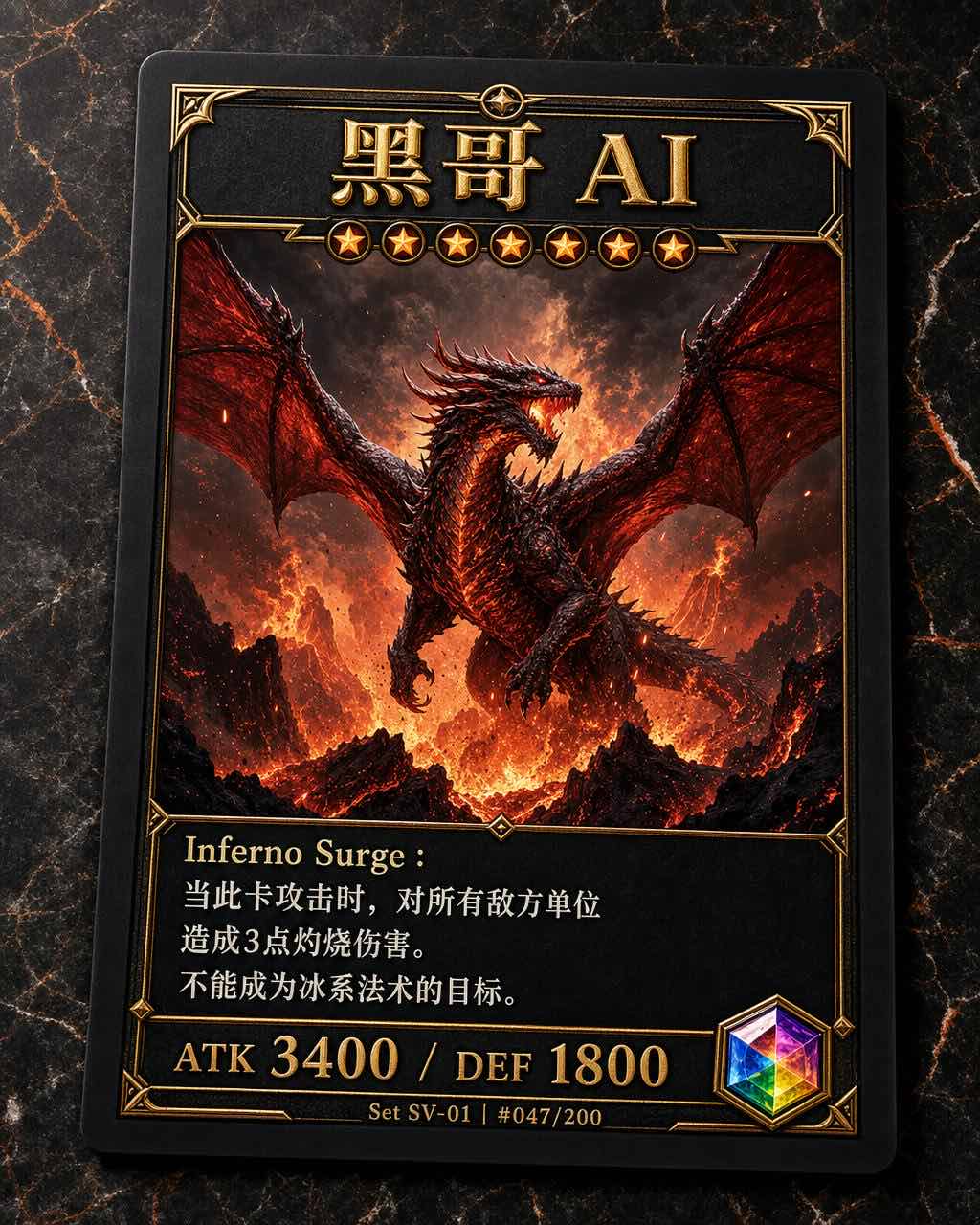 名为 Ragnadrake 的 TCG 怪兽卡，深红色巨龙飞越火山，金色攻防数值，全息稀有度宝石。