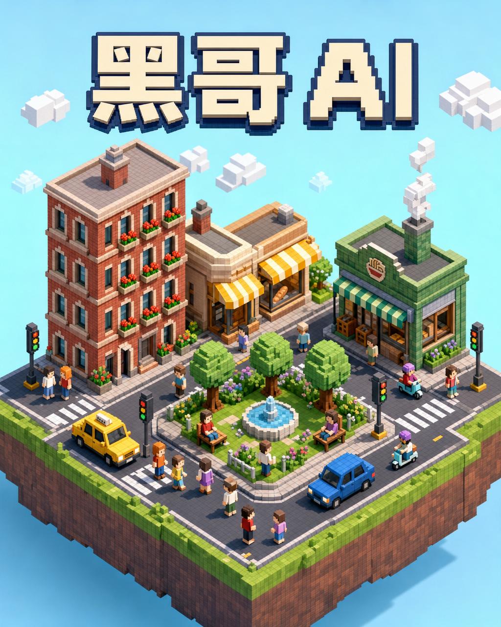 体素城市街区立体场景，包含公寓、面包店、面馆、小公园和十二位行人，置于漂浮草地土块上。