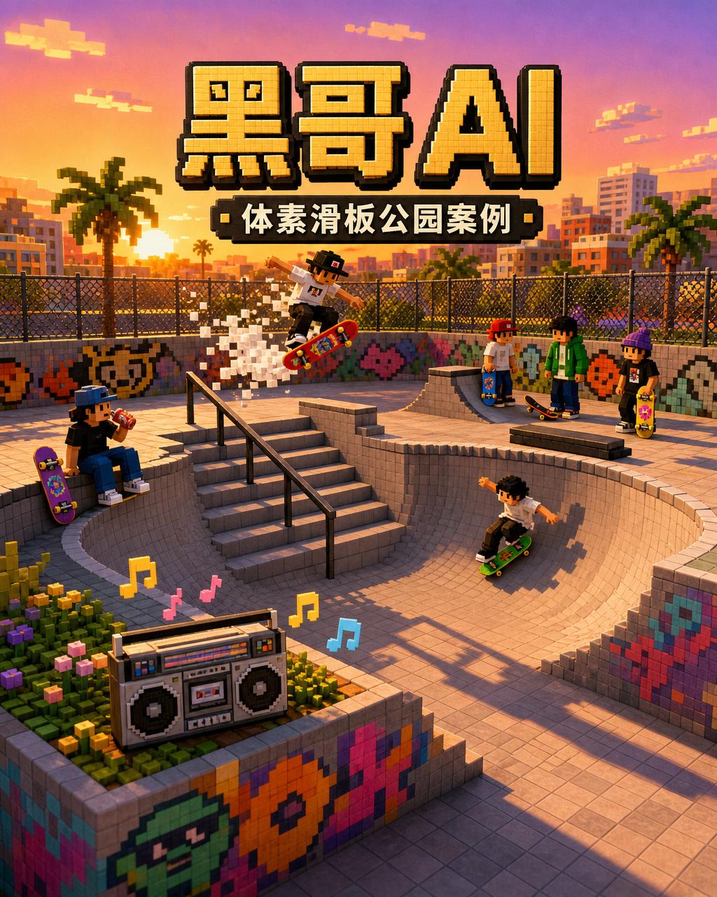 日落体素滑板公园：碗池、台阶组、六名表演中的滑手、涂鸦墙与铁丝网后的棕榈树。