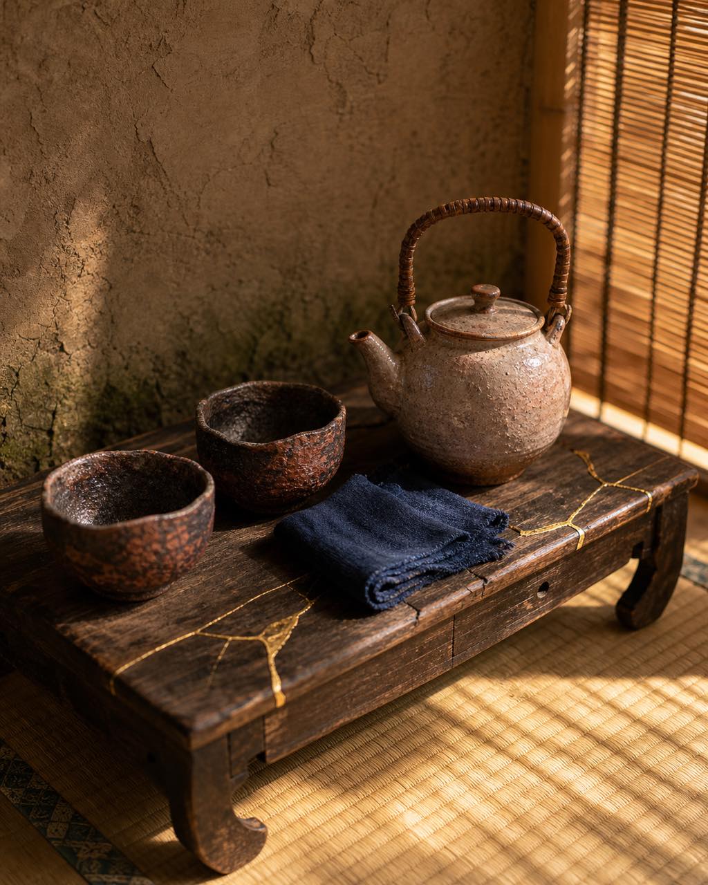 侘寂风日式茶席，泡桐木矮茶台、萩烧茶壶与茶碗，竹帘柔光洒落榻榻米。