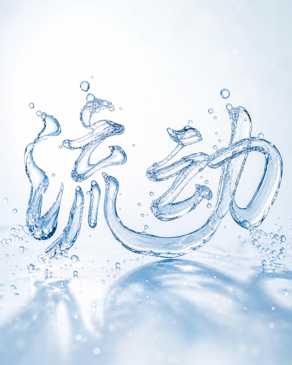 单词 FLOW 由飞溅的透明水体构成，白色台面上透光水珠晶莹