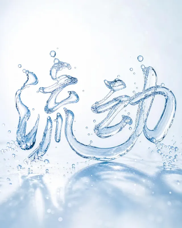 单词 FLOW 由飞溅的透明水体构成,白色台面上透光水珠晶莹
