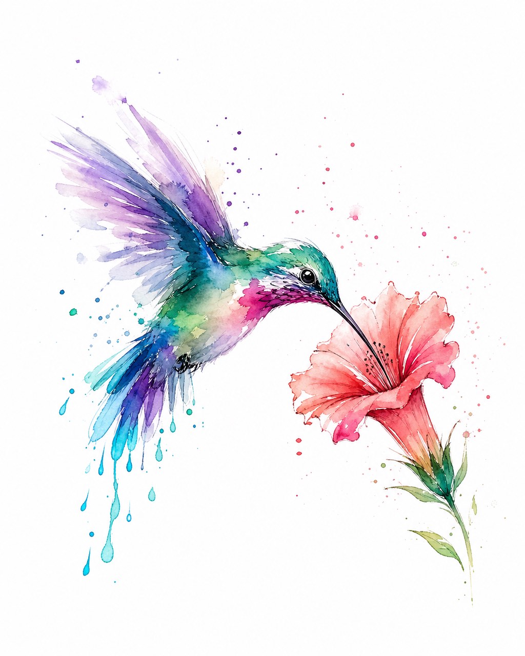 水彩蜂鸟纹身含珊瑚色花、青绿与洋红水洗及飞溅水珠，孤立白底。