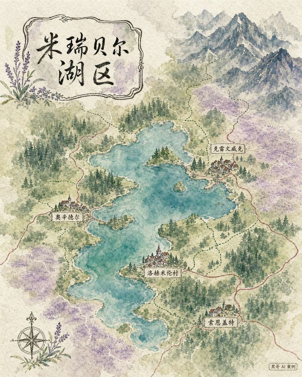 柔和水彩湖区地图，蓝绿湖泊色洗、村庄图标、锈红道路与草书标题装饰框